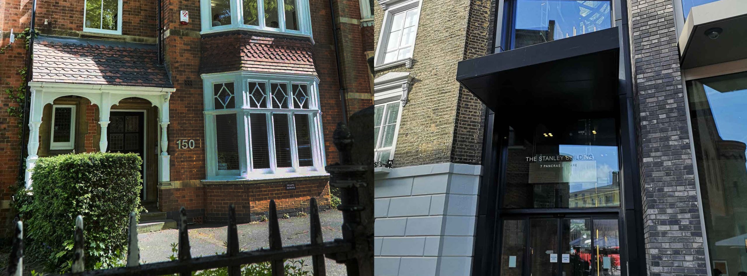 The image shows a split view of two different buildings. The left side features our building on New Walk, Leicester. The right side features our office in The Stanley Building, London.