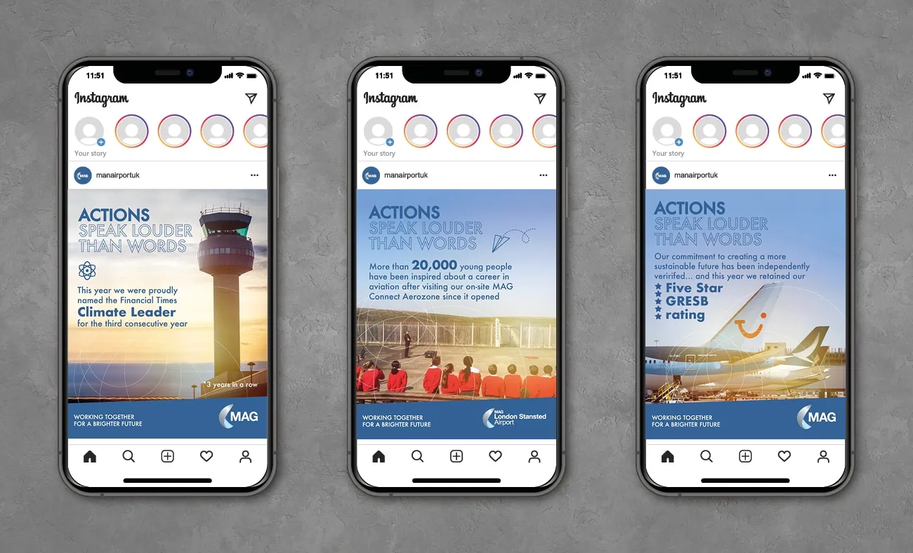 Three smartphones displaying Instagram posts from “manairportuk.” Each post features the phrase “Actions Speak Louder Than Words,” highlighting achievements in climate leadership, youth engagement, and sustainability ratings by MAG (Manchester Airports Group).