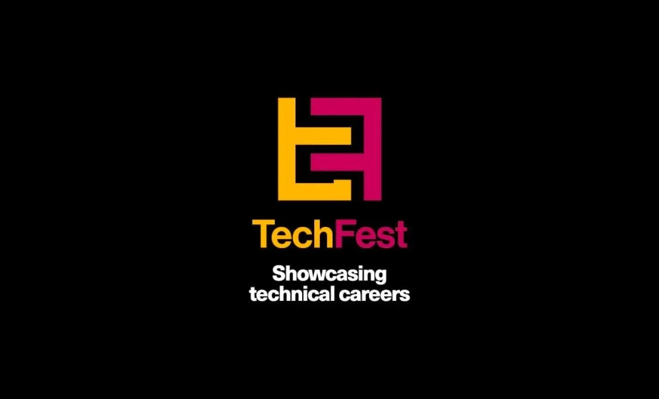 TechxFest logo featuring the letters ‘T’ and ‘F’ in a stylised design with yellow and pink colours on a black background, accompanied by the tagline ‘Showcasing technical careers’.