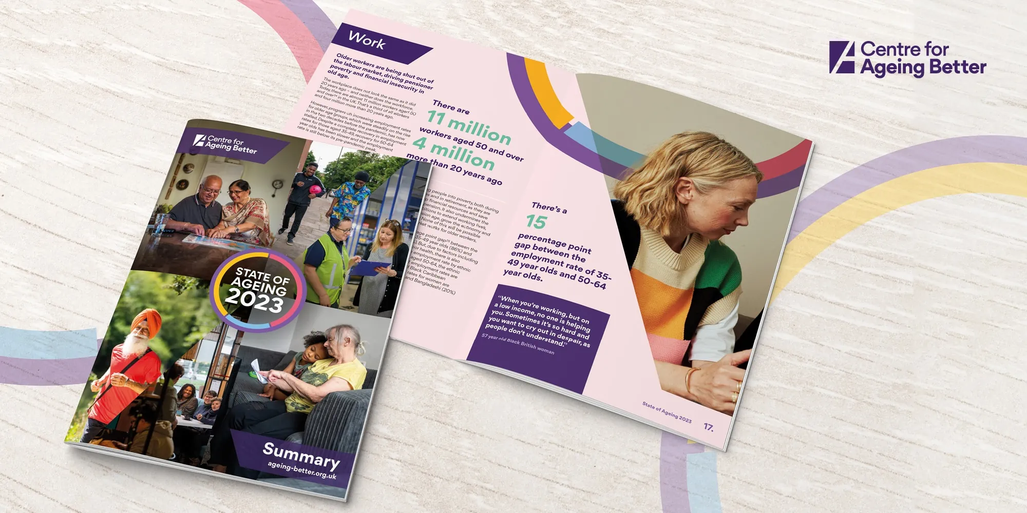An open booklet and its cover titled “State of Ageing 2023,” for the Centre for Ageing Better. The cover features images of older adults engaged in various activities. The open pages discuss statistics about older workers, highlighting that there are 11 million workers aged 50 and over, with a focus on employment challenges.