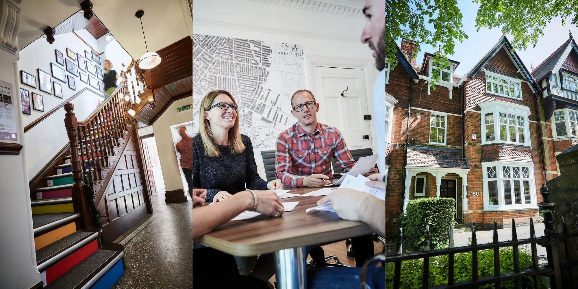 The image is divided into three sections. The first section shows a wooden staircase inside a the Creative Triangle building, with colourful steps and framed photos on the wall. The middle section features staff engaged in a discussion around a table, with a large map on the wall behind them. The final section shows the exterior of the Creative Triangle building.