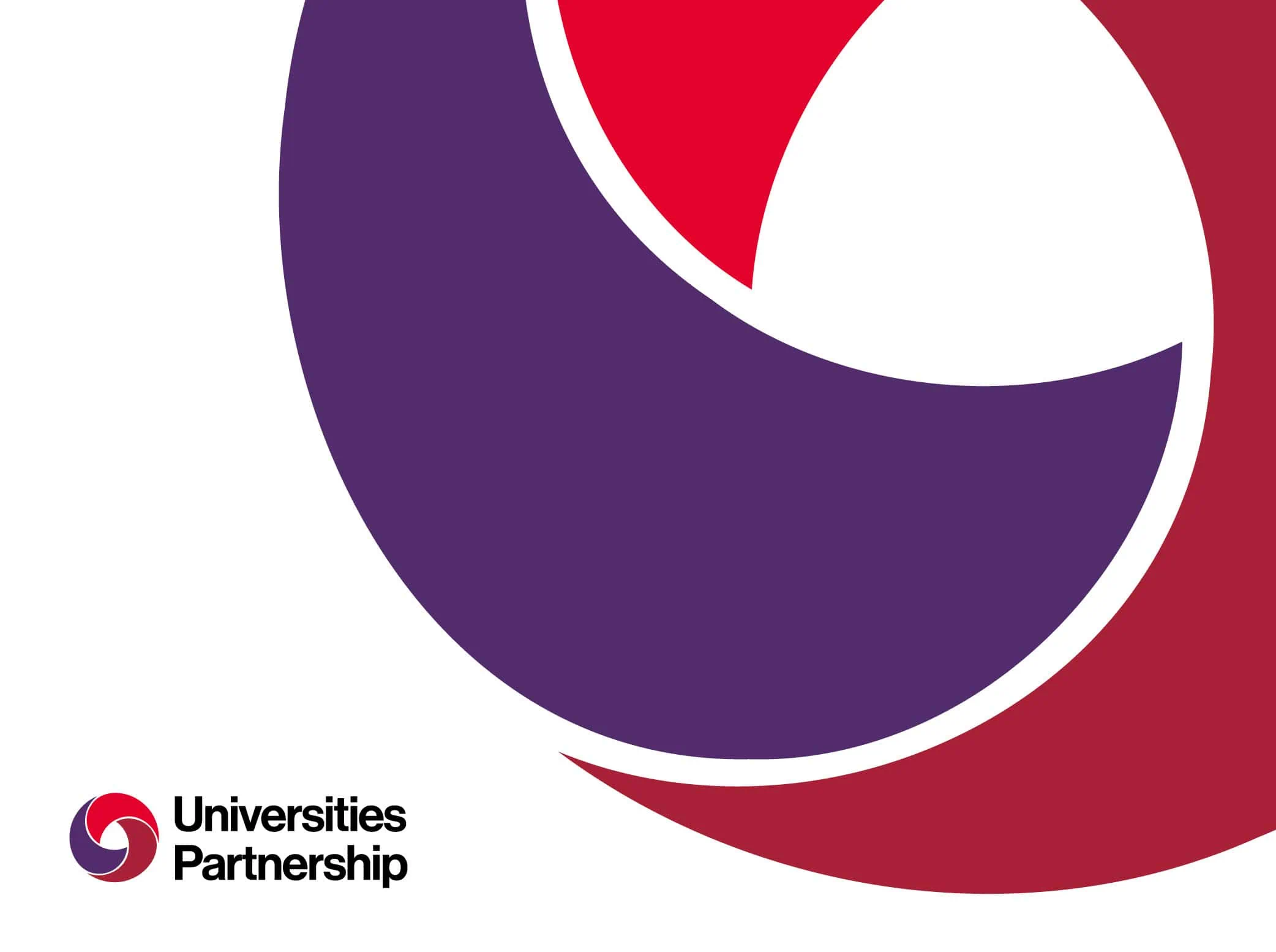 Thumbnail for Universities Partnership Branding. It features a simple and abstract design, a large circular motif with curved shapes in shades of purple and red. In the bottom left corner, the logo and text “Universities Partnership” are displayed in black.