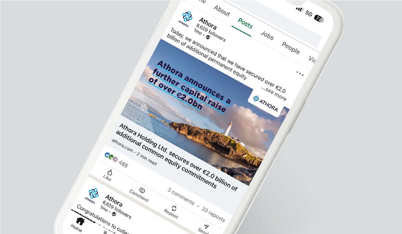 A LinkedIn post by Athora displayed on a smartphone, announcing a capital raise of over €2.0 billion.