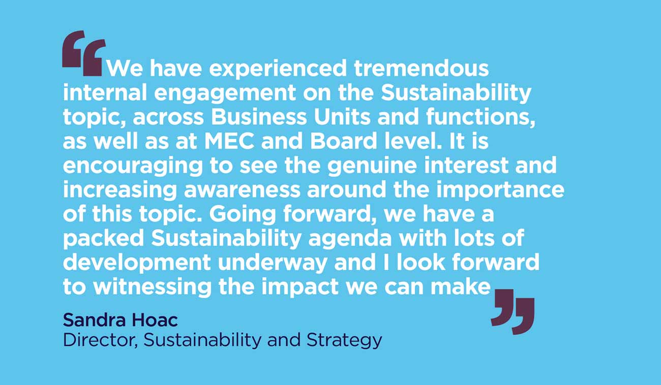 A quote from Sandra Hoac, Director of Sustainability and Strategy at Athora, highlighting internal engagement and development efforts around sustainability initiatives.