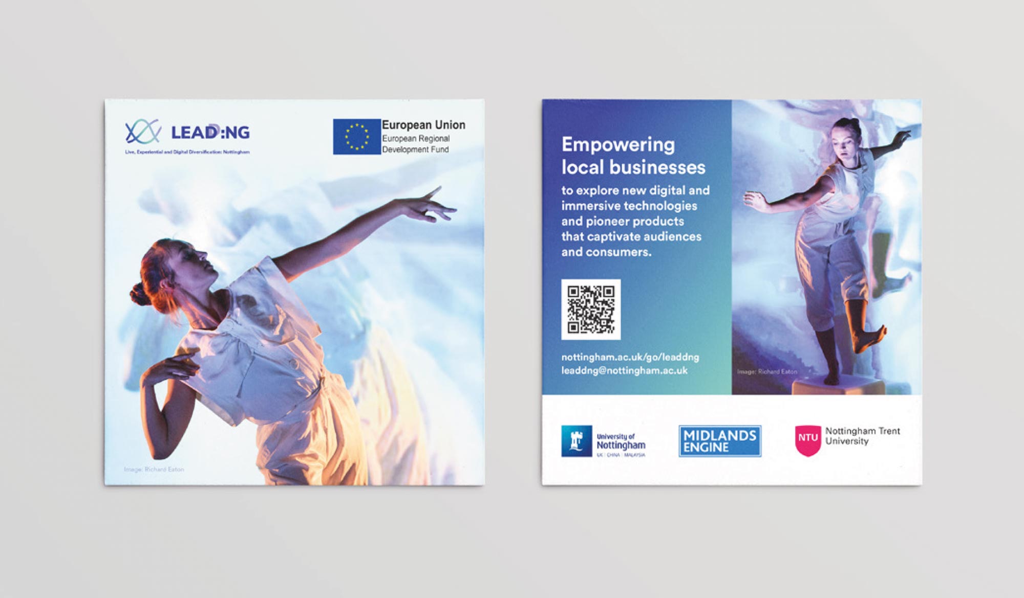 A two-sided promotional material for LEADD:NG. The front highlights the logo, and a dynamic image of a dancer. The back shows a QR code for easy access to further information, with partner logos at the bottom.