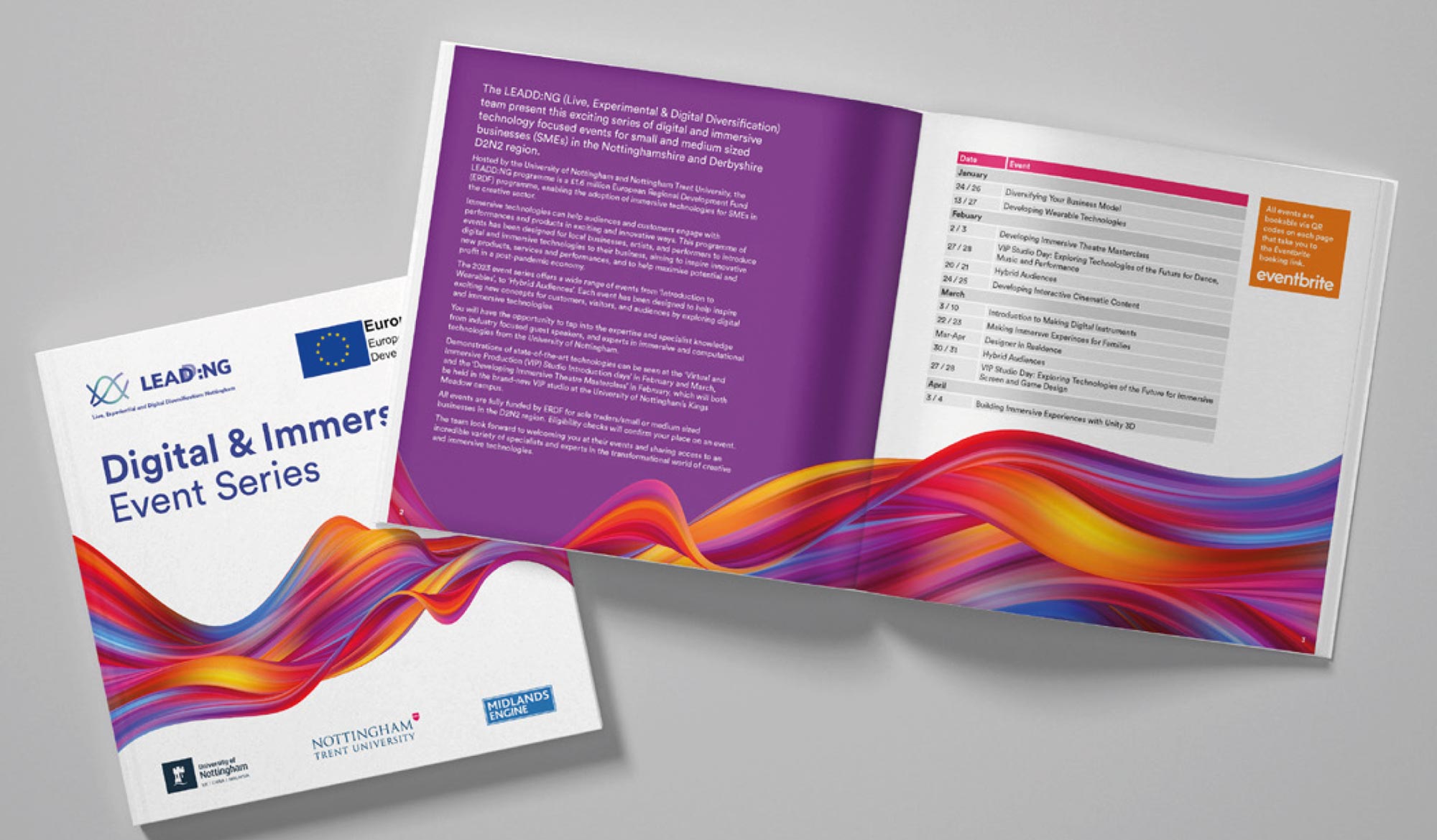 An event booklet for LEADD:NG. The cover features the branding and vibrant wave graphics. The interior presents an overview of the programme’s objectives alongside a detailed event schedule.