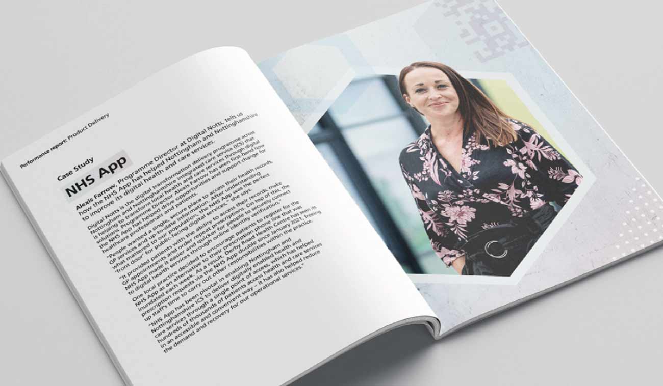 An open booklet featuring a case study about the NHS App, with a photograph of a smiling woman on the right page.