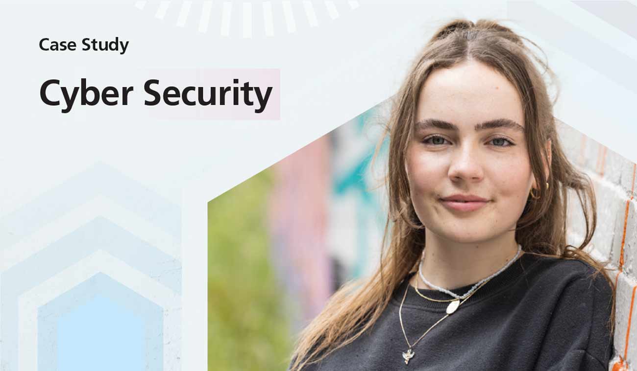 A banner featuring a case study on "Cyber Security," with a portrait of a young woman leaning against a wall.