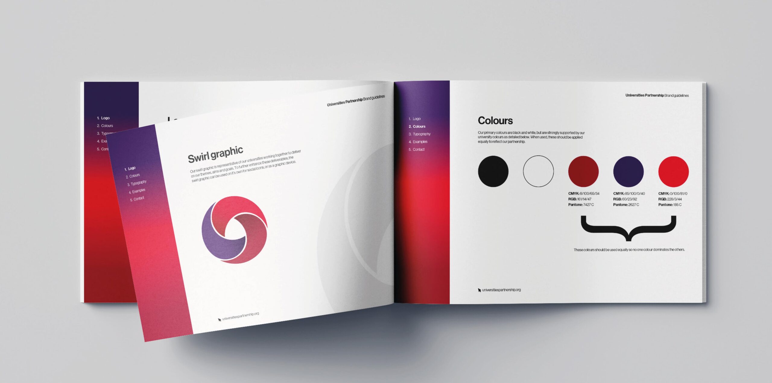 An open brand guidelines booklet showcasing the Universities Partnership swirl graphic logo and colour palette, with a gradient red and purple theme.