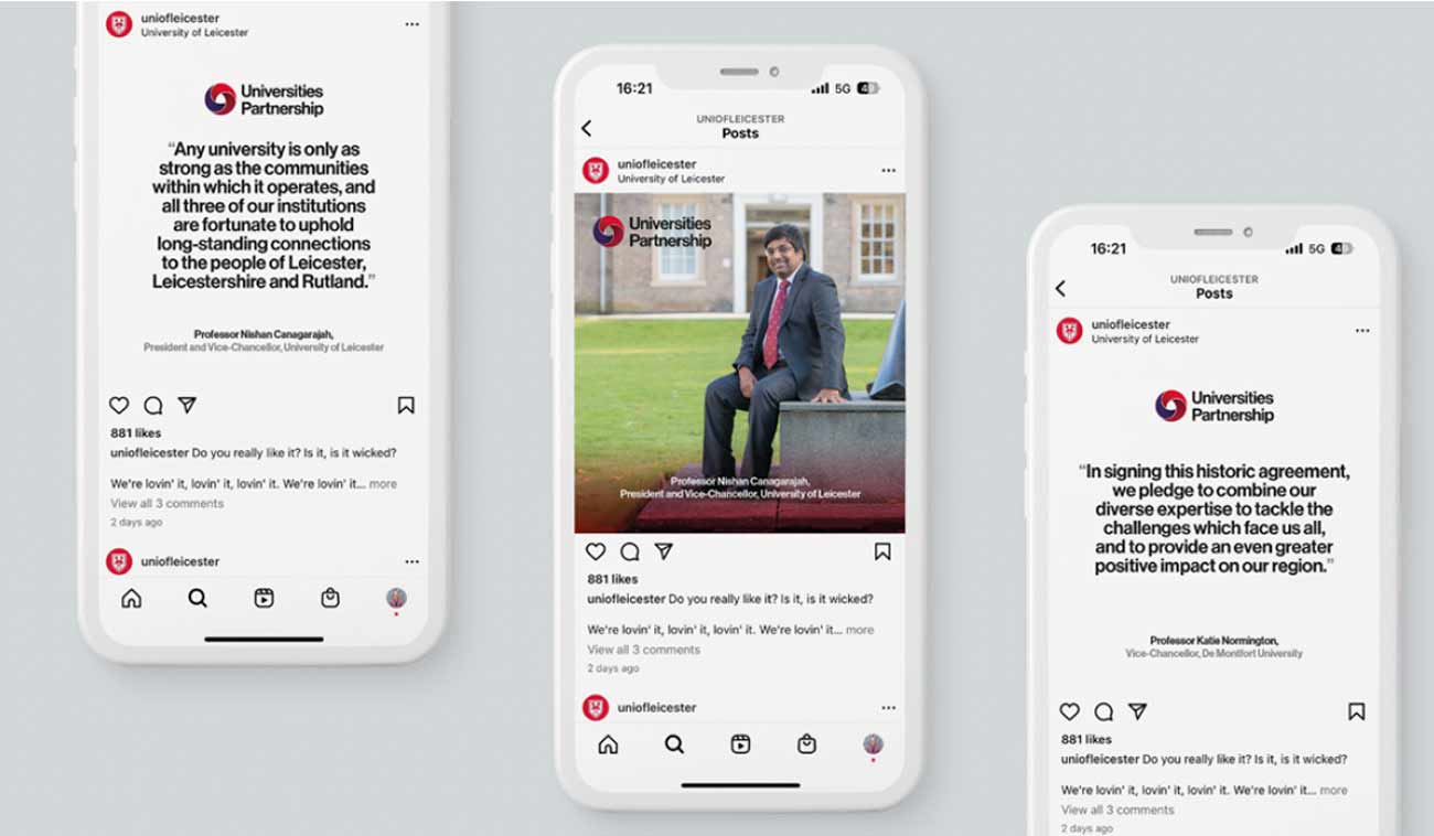 Social media posts from Universities Partnership, featuring quotes and images on mobile device screens.