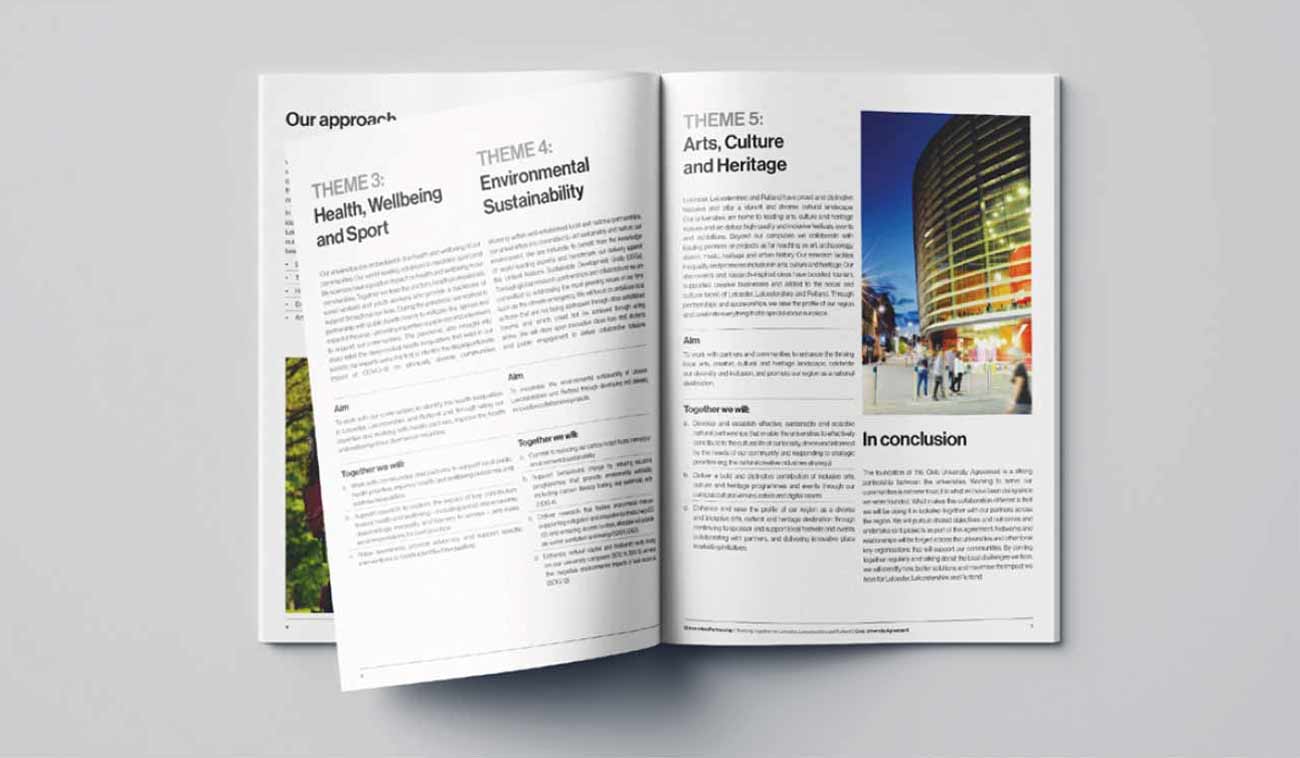An open booklet showcasing themes including Health, Sustainability, and Arts and Culture.