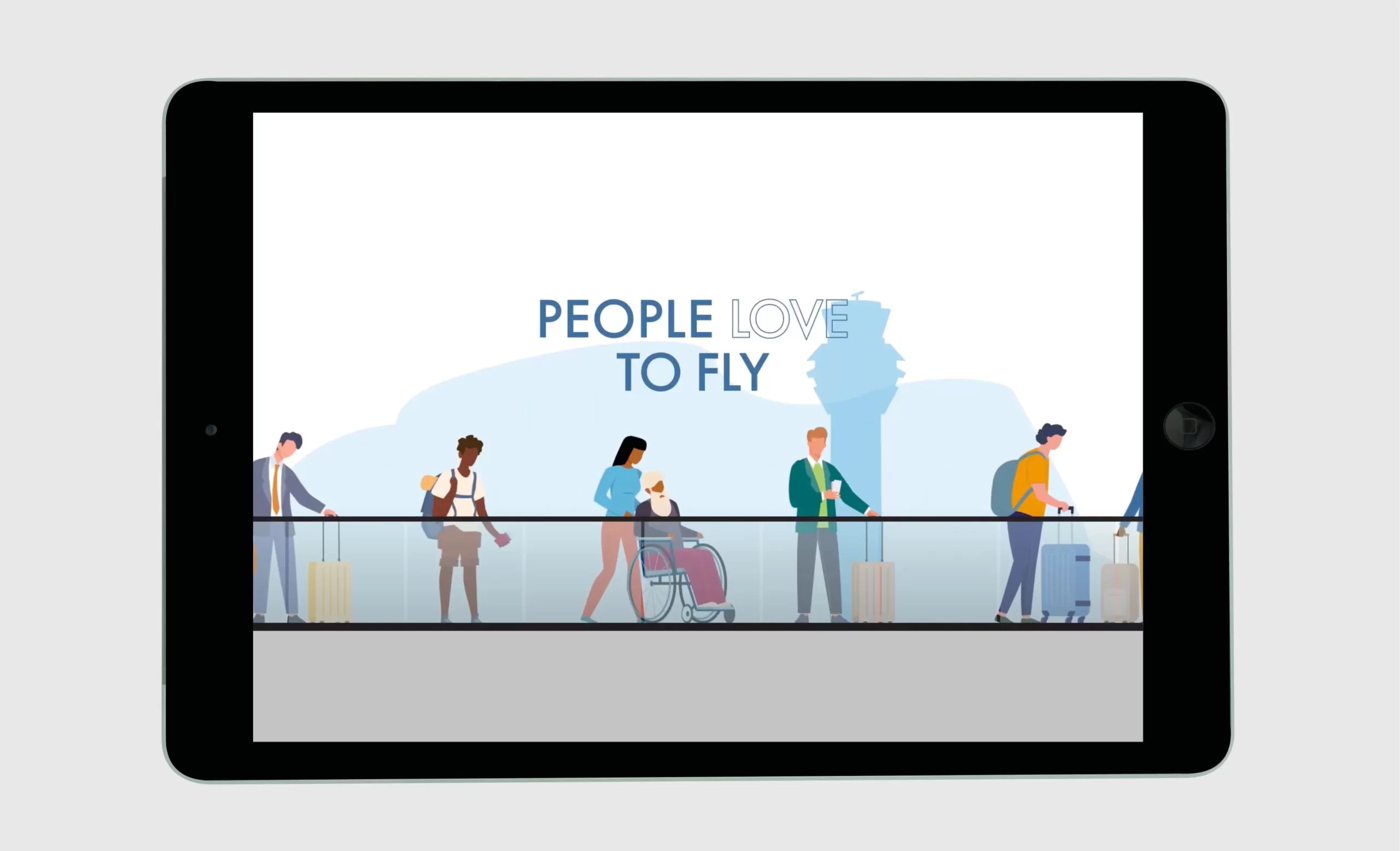 A snapshot of an animation for Manchester Airports Group. This shows an illustration on a tablet screen featuring a diverse group of people moving through an airport. The people are carrying luggage, and one person is in a wheelchair. The background includes a subtle outline of an air traffic control tower. The text in the centre reads, “People Love to Fly.”