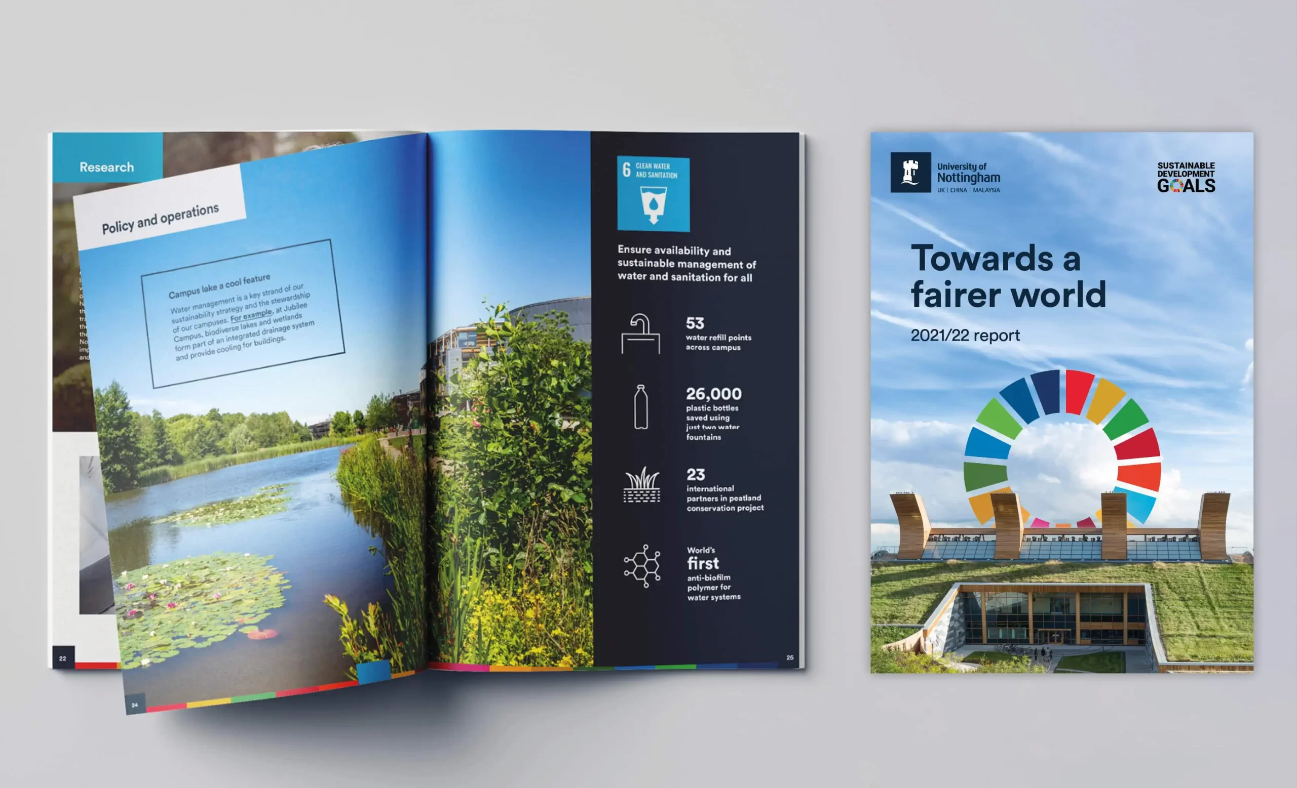 An open report titled “Towards a Fairer World 2021/22 Report,” and its cover from the University of Nottingham, focusing on sustainable development goals. The open page highlights the university’s commitment to “Clean Water and Sanitation,” featuring a photo of a campus lake surrounded by greenery.