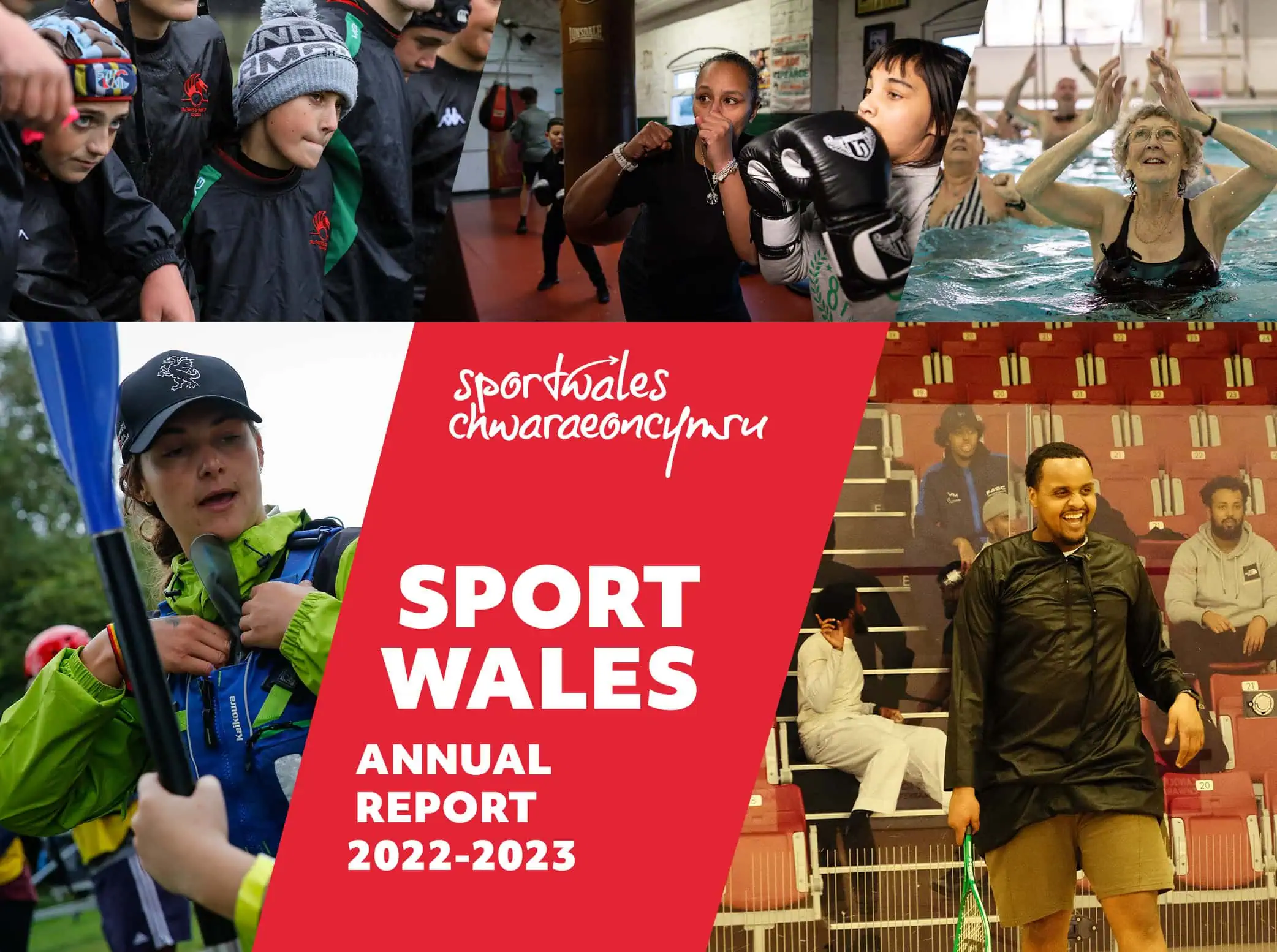Thumbnail for the Sport Wales Annual Report for 2022-2023. It features a collage of five photos showing diverse groups of people participating in various sports and activities. The centre of the image contains a red banner with the Sport Wales logo in white text at the top, and below it, the title “SPORT WALES ANNUAL REPORT 2022-2023” is prominently displayed in white text.