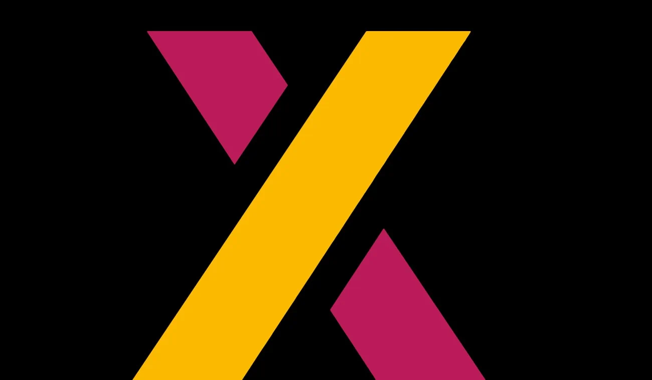 Close-up of the TechFest "X" symbol, featuring intersecting yellow and magenta shapes on a black background.