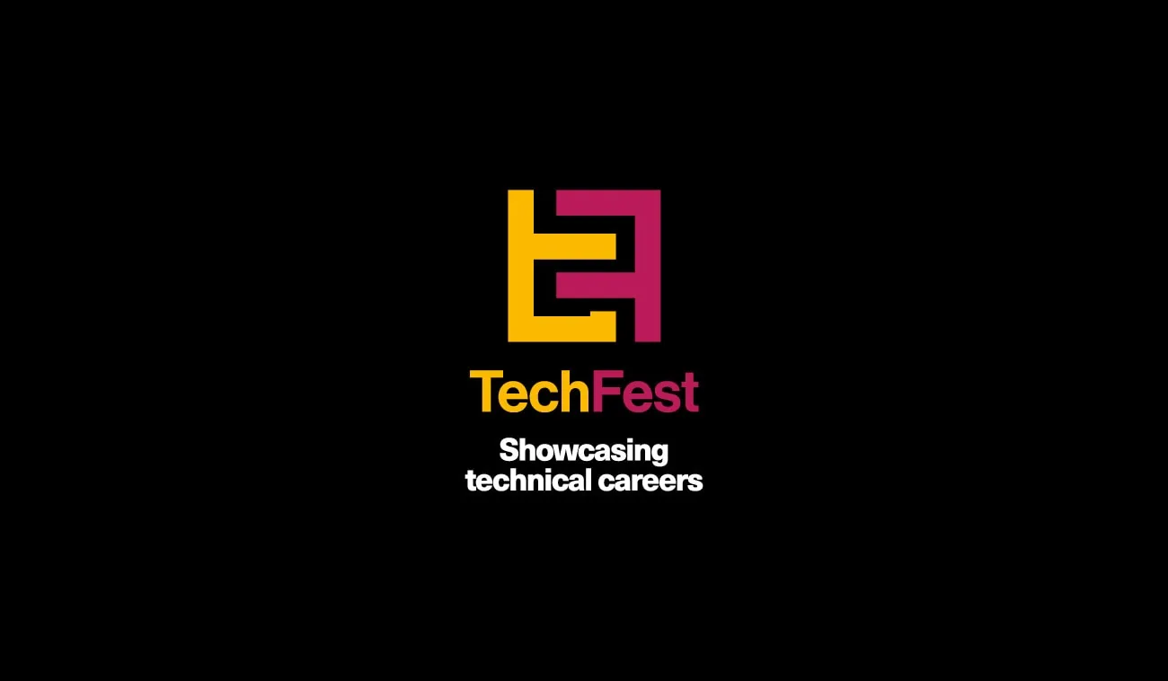 TechFest logo featuring bold yellow and magenta typography with the tagline "Showcasing technical careers" on a black background.