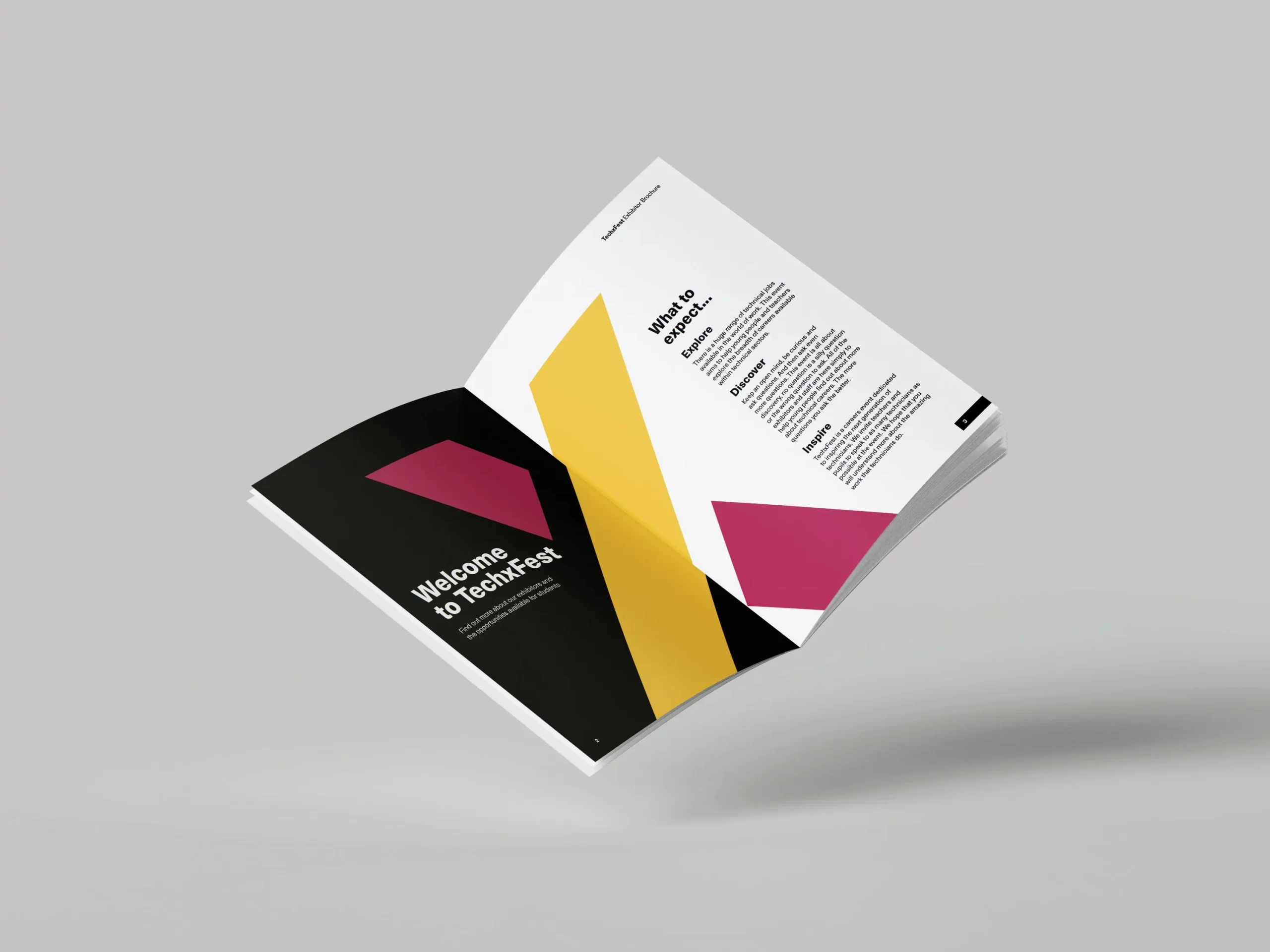 An open booklet showcasing the TechFest design. The left page features a bold black background with "Welcome to TechFest" in white text, accompanied by striking yellow and magenta geometric shapes. The right page has a clean white background, continuing the yellow and magenta accents.