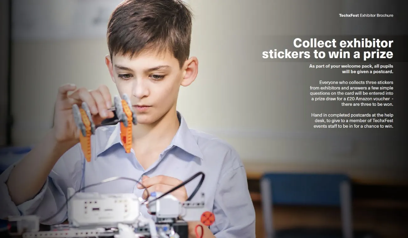 A boy engaging with a robotics project. The page promotes an activity where students collect exhibitor stickers to win prizes.