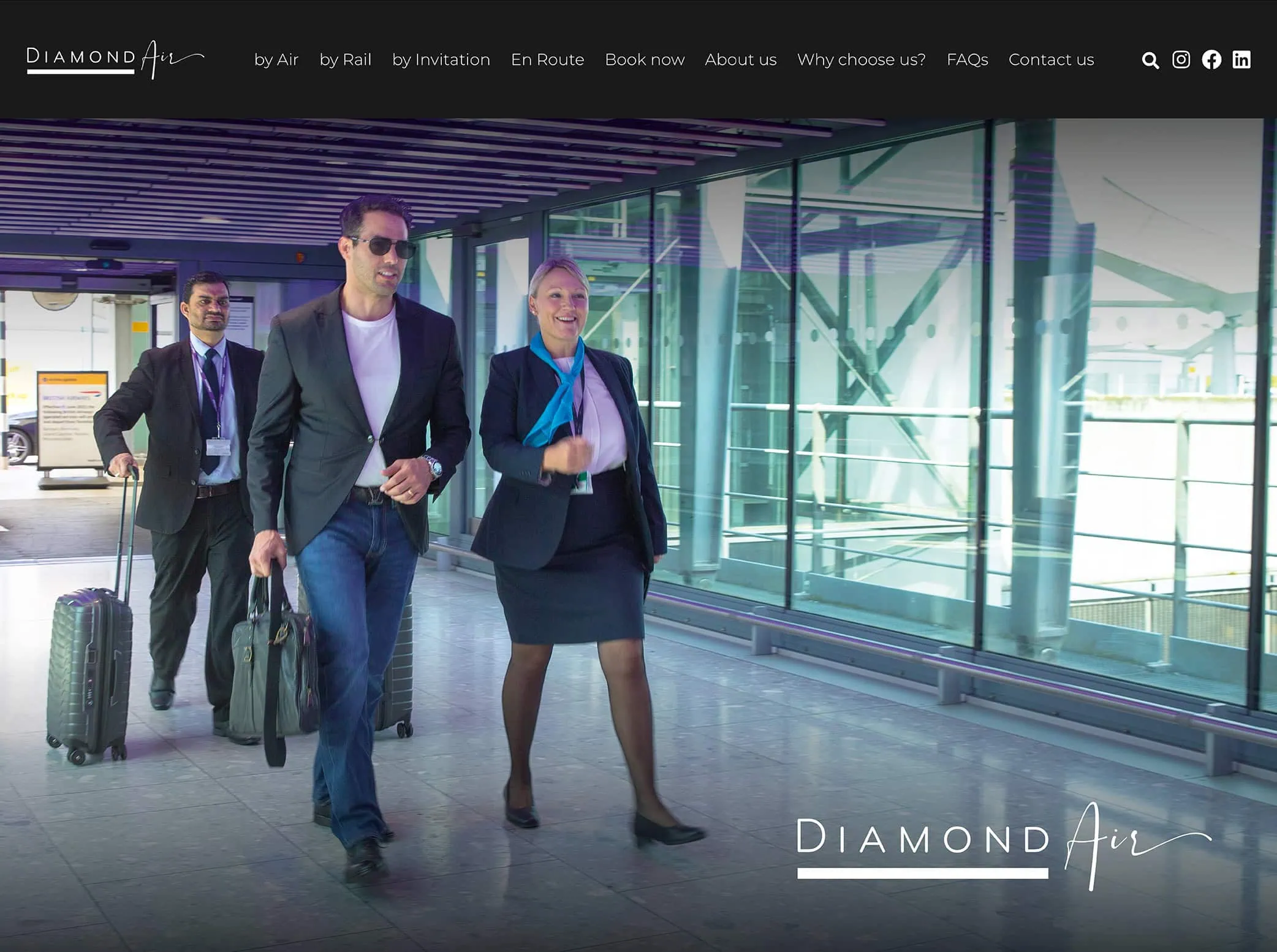 Thumbnail for DiamondAir Enhanced Digital Presence. It shows a well-dressed man walking through an airport terminal, accompanied by a smiling woman in a professional uniform assisting him. The logo for “DiamondAir” is displayed in the bottom right corner, with a website navigation graphic at the top.
