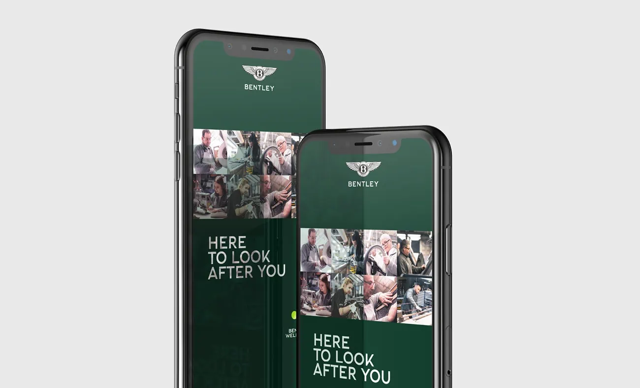 Two mobile screens display the Bentley Wellbeing digital design.