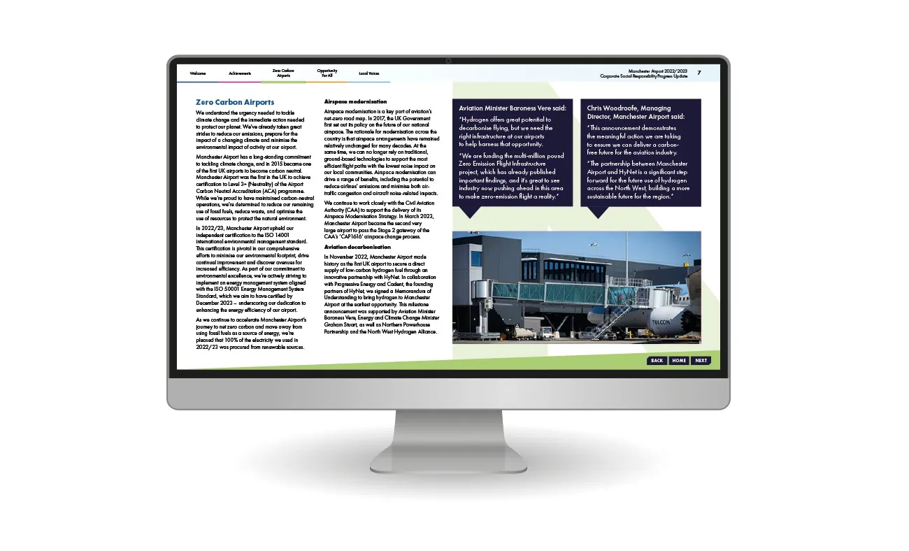 A digital spread of the MAG Corporate Social Responsibility Report is displayed on a desktop monitor, featuring sections on "Zero Carbon Airports" and sustainability initiatives.