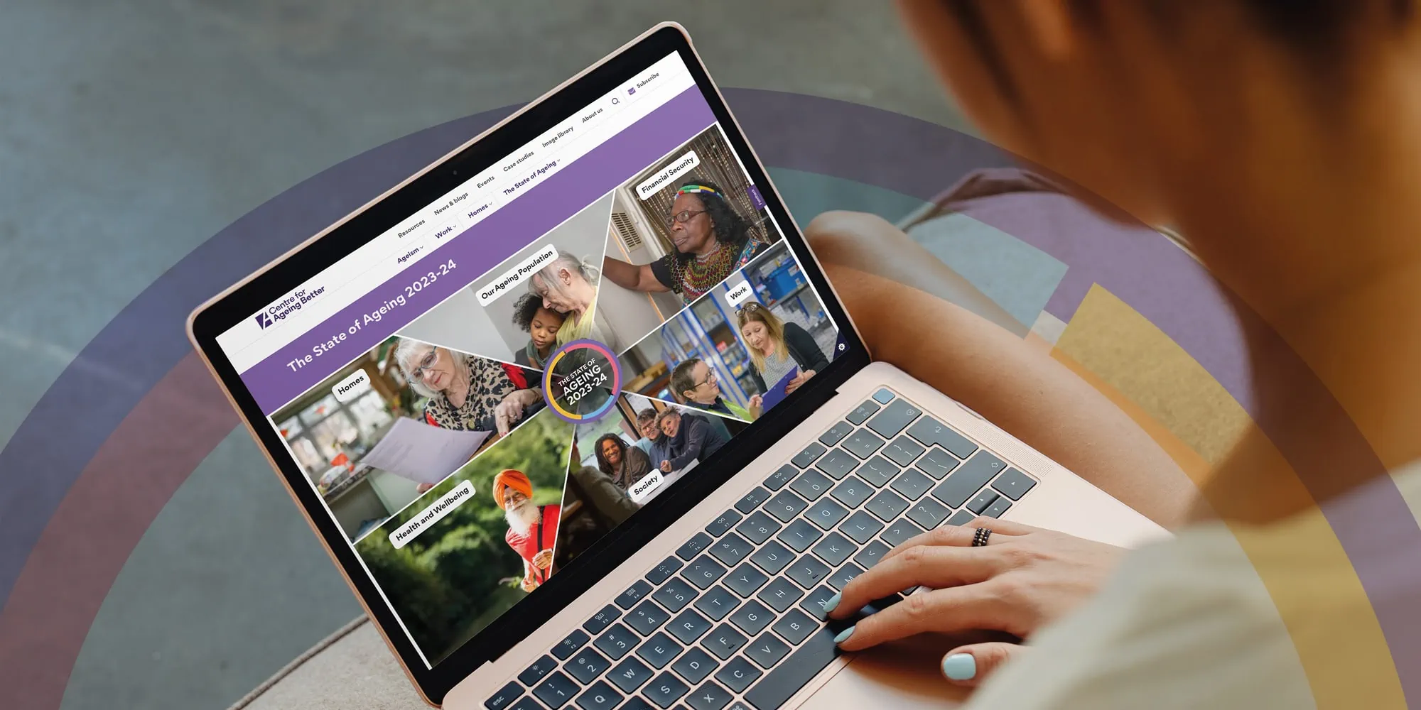 A laptop displaying the Centre for Ageing Better’s interactive State of Ageing 2023-24 webpage.