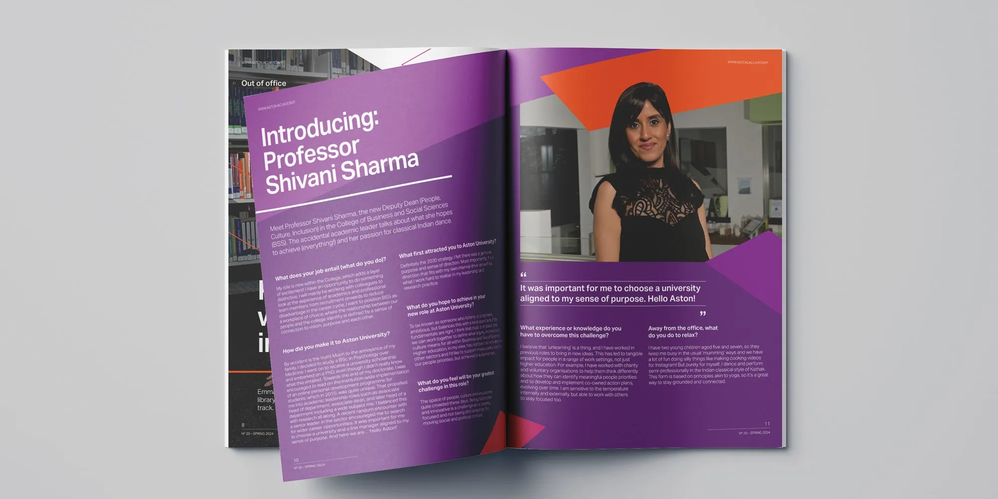 An open magazine spread featuring the headline "Introducing: Professor Shivani Sharma." The left page contains text on a purple background, while the right page includes a portrait of Professor Shivani Sharma, framed by bold geometric shapes in orange and pink.