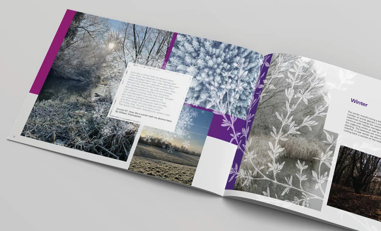 An open booklet showcases winter-themed imagery, including frosted landscapes, icy patterns, and serene waterways. The layout combines photographs with text blocks and decorative botanical illustrations in purple accents.