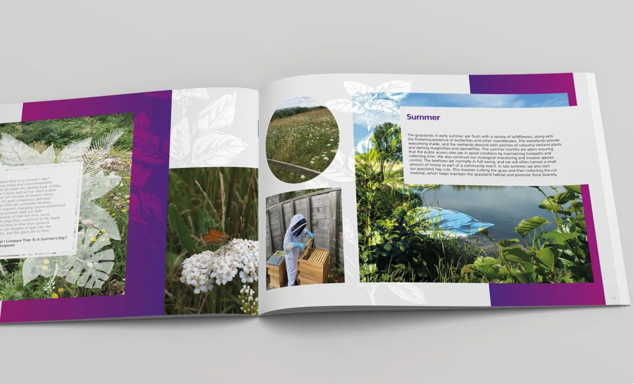 An open booklet features summer-themed imagery, showcasing lush greenery, blooming flowers, and serene water views. The layout includes circular and rectangular photos alongside text blocks and botanical illustrations with purple accents.