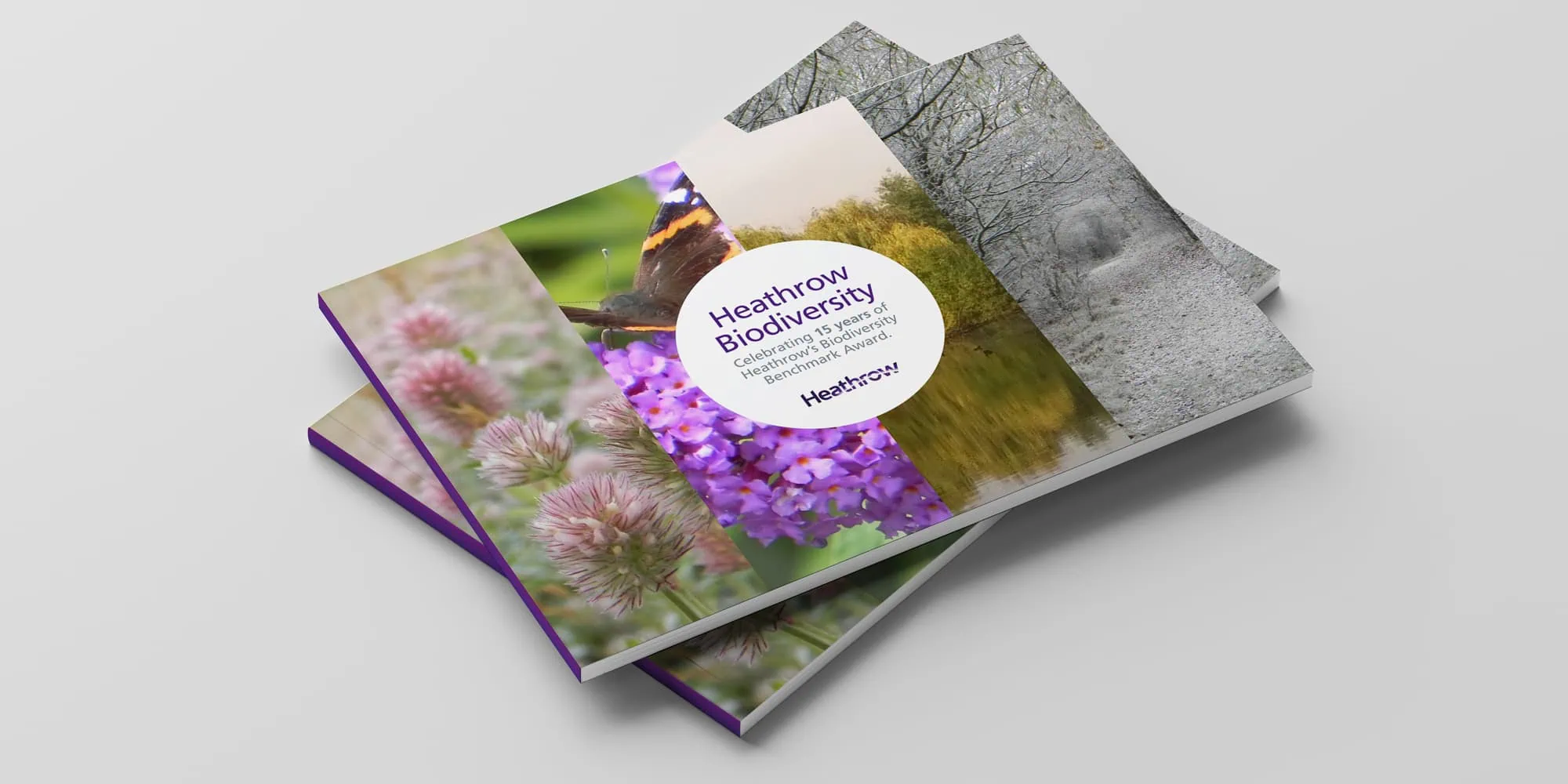 A stack of booklets showcasing the "Heathrow Biodiversity" cover design.