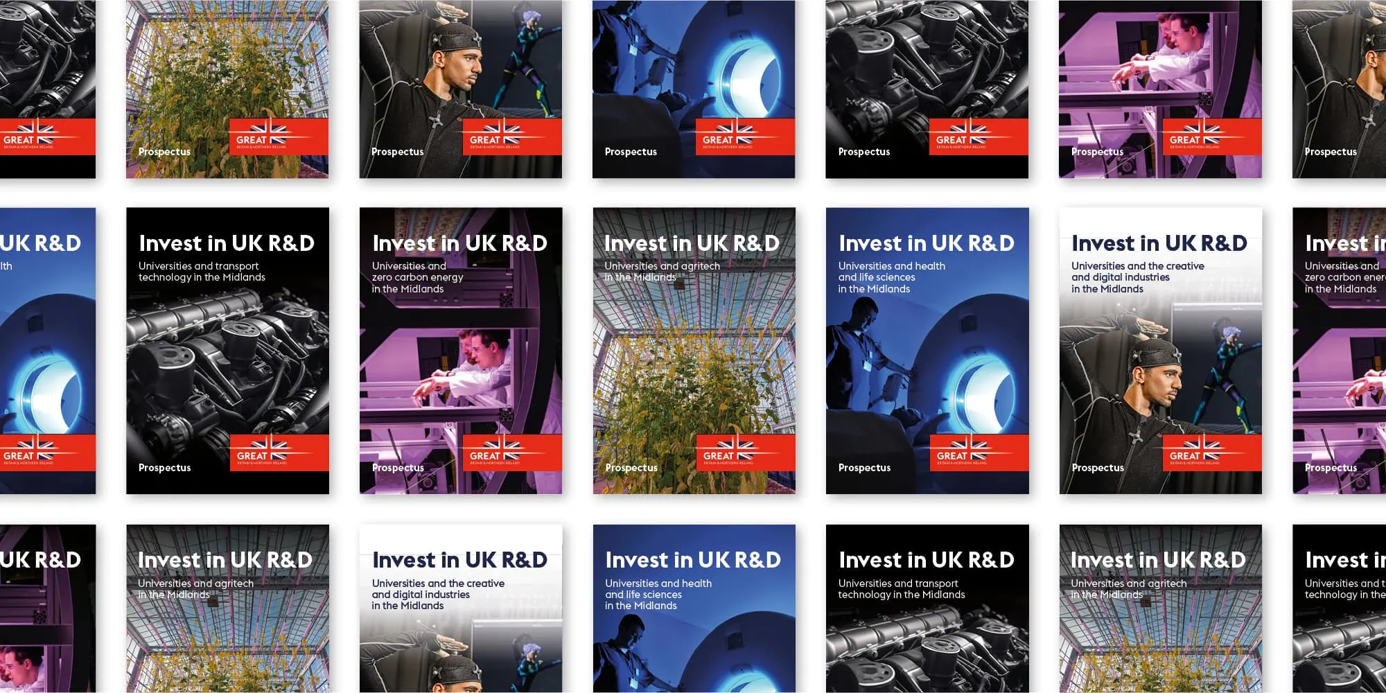 A grid of covers for the Midlands Innovation "Invest in UK R&D" campaign brochures. Each design features dynamic imagery such as automotive technology, advanced machinery, and cutting-edge research settings.