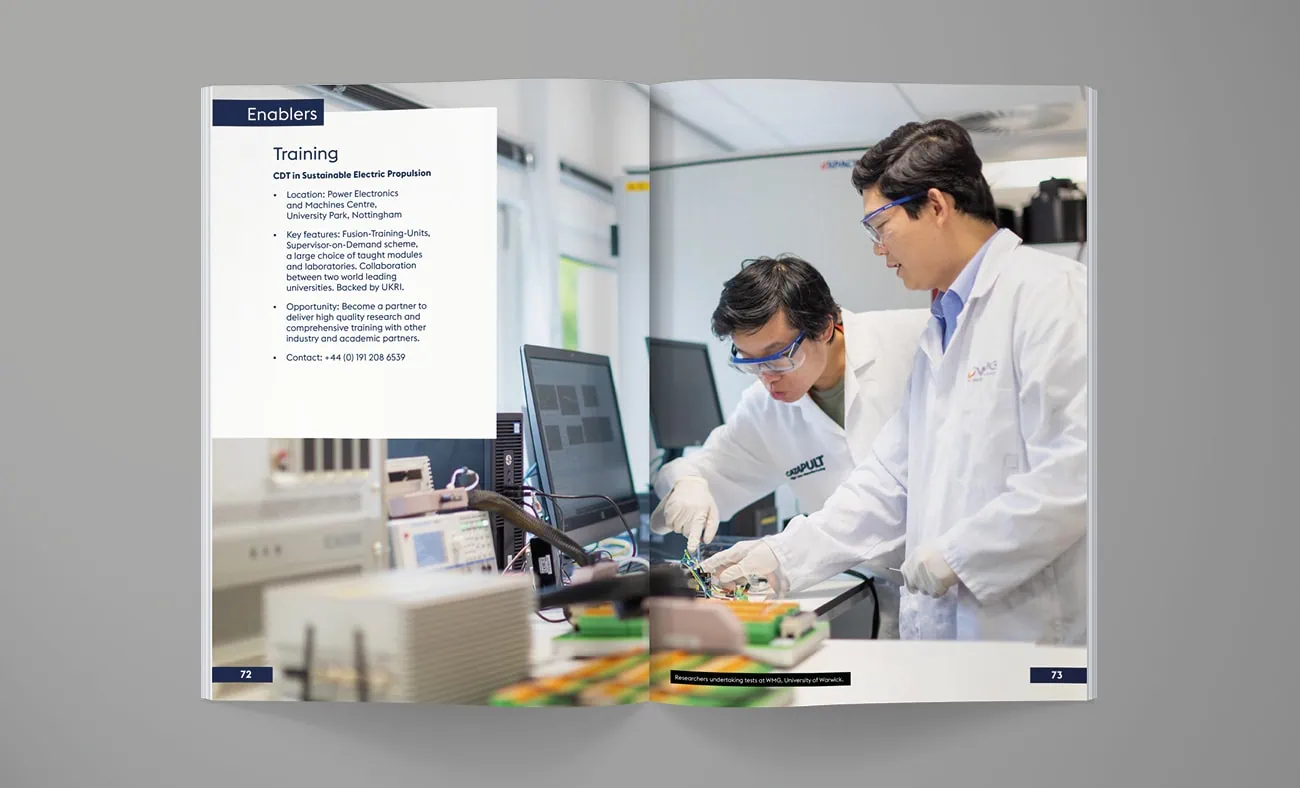 An open spread from the Midlands Innovation brochure, highlighting training opportunities on one page and a photo of researchers working in a lab on the other.