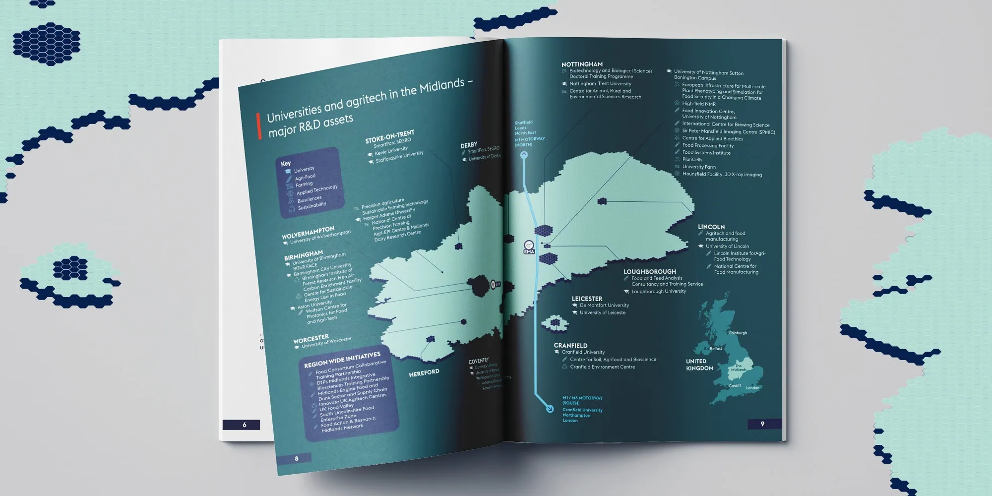 A double-page spread featuring a map highlighting major R&D assets across universities and organisations in the Midlands.