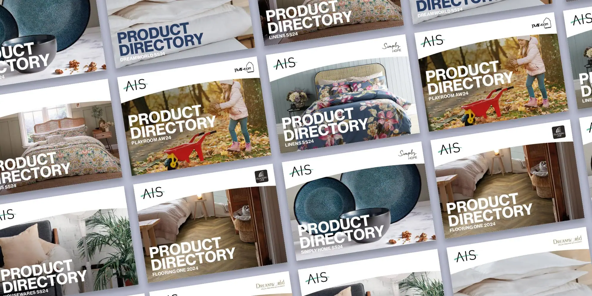 A collage of product directory covers for AIS, featuring various images of home products such as bedding, furniture, and decor.