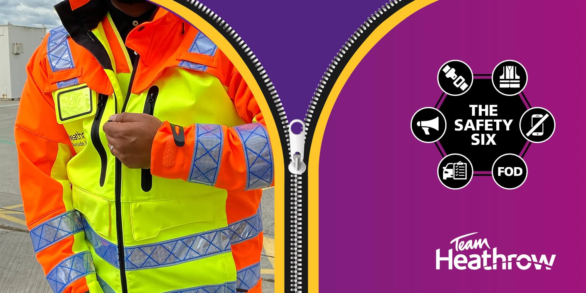 A split graphic featuring a high-visibility jacket on the left and a purple background on the right with "The Safety Six" icons and the Team Heathrow logo. The design is divided by a zipper motif.
