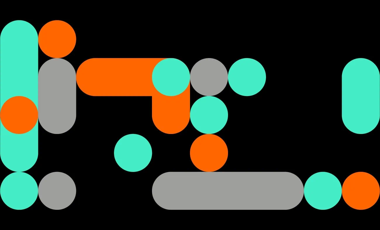 An abstract design with teal, orange, and grey geometric shapes arranged on a black background.