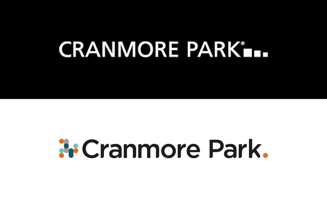 Two versions of the Cranmore Park logo: the top design features their old logo with simple white text on a black background, while the bottom version shows their new logo with geometric accents in teal, orange, and grey on a white background.