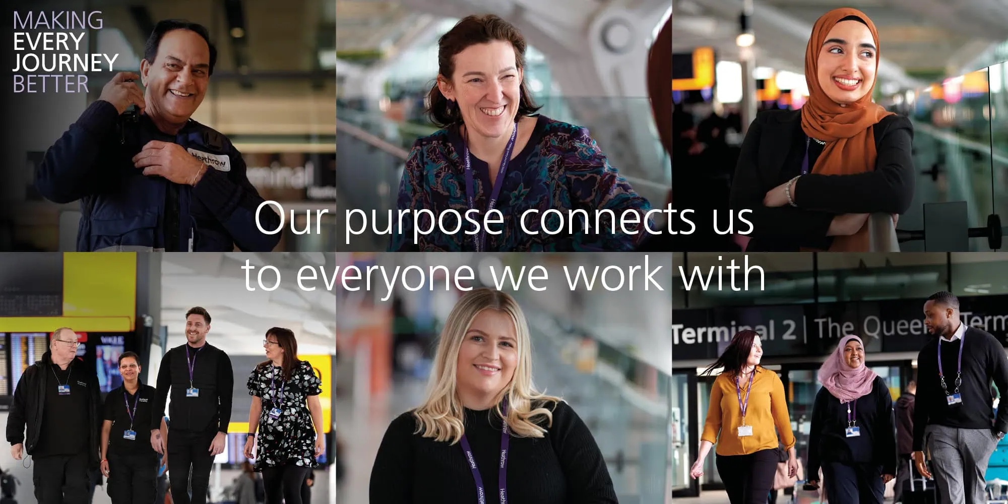 A collage of smiling Heathrow staff at work, set against a backdrop of the airport terminals. Centred text reads, "Our purpose connects us to everyone we work with".