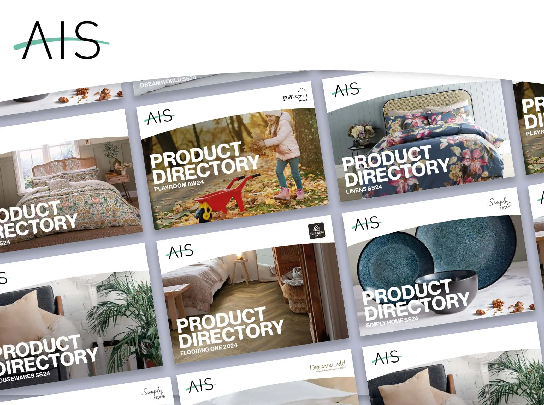 Thumbnail for multiple AIS product directories. It shows a collage of multiple product directory covers, with each cover showcasing different home products like linens, flooring, housewares, and playroom items. The directories are laid out in a grid format, with each cover featuring vibrant images of the respective products.