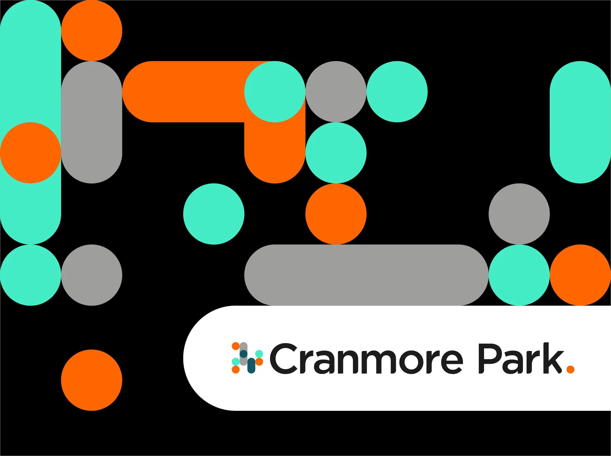 Thumbnail for Cranmore Park new branding. It features a modern and abstract design with a black background. The design includes various geometric shapes, primarily circles and rectangles, in bright teal, orange, and grey colours. The shapes are scattered across the image in a visually appealing pattern. In the bottom right corner, there is a white rounded rectangle containing the text “Cranmore Park.”
