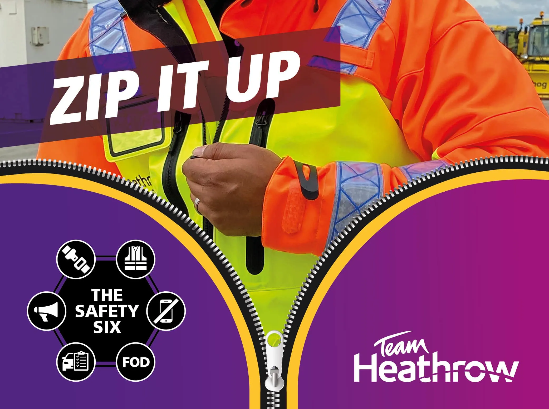 Thumbnail for Heathrow Airside Safety Campaign. The main focus is a person zipping up a high-visibility safety jacket, emphasising the importance of securing gear. The text “ZIP IT UP” is boldly placed across the top in white letters on a purple background. Below, a large zipper graphic partially unzips to reveal additional safety information, labelled “THE SAFETY SIX” with icons representing different safety elements.