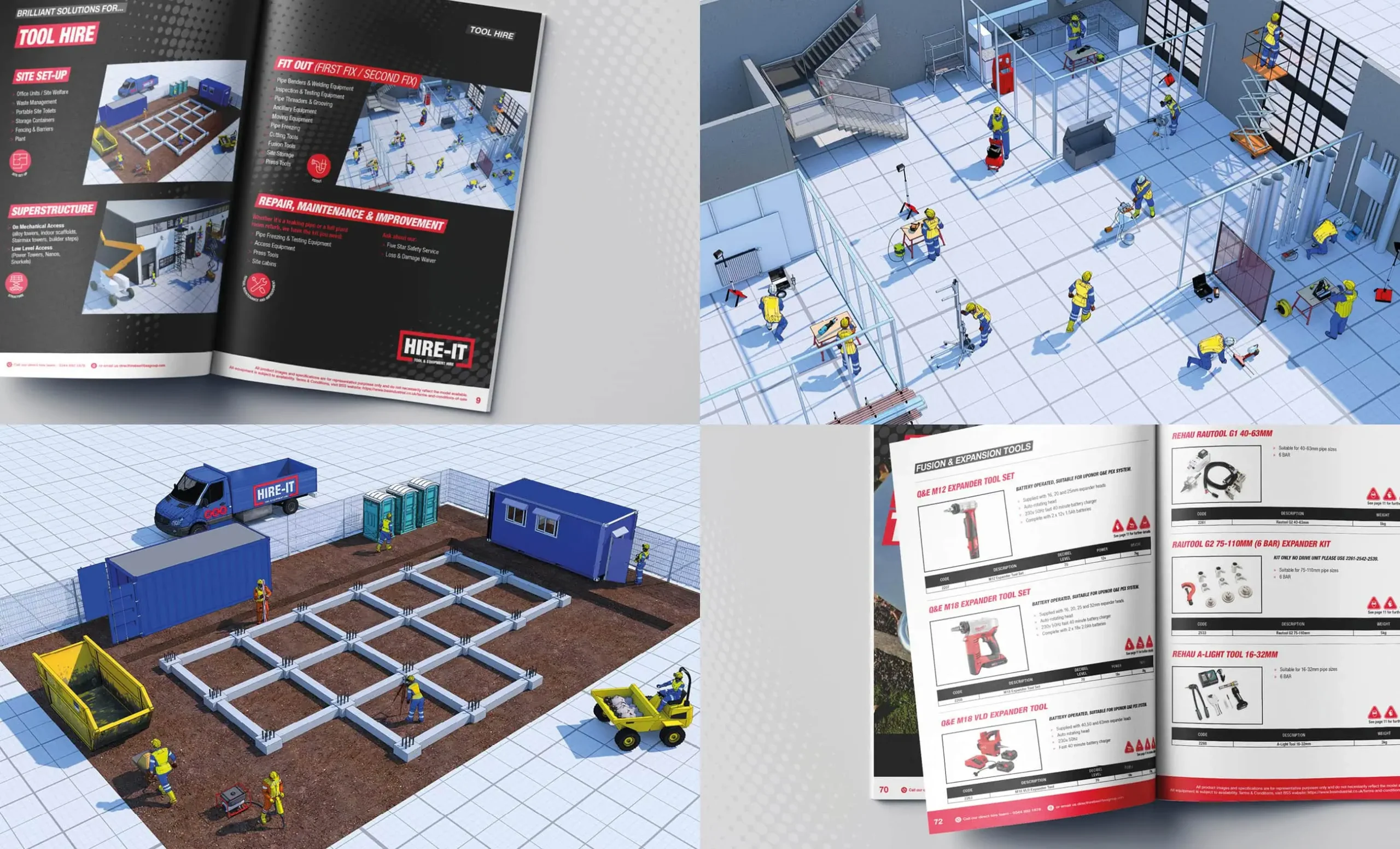 The image is divided into four sections: Top Left: A spread from the "Tool & Equipment Hire Guide" showcasing tool hire options and services, accompanied by illustrations and key details. Top Right: A 3D-rendered visualisation of an indoor construction environment, depicting workers using tools and equipment. Bottom Left: A 3D-rendered outdoor construction site with modular setups, vehicles, and workers in action. Bottom Right: Another spread from the guide, detailing product specifications and safety instructions for specific tools.