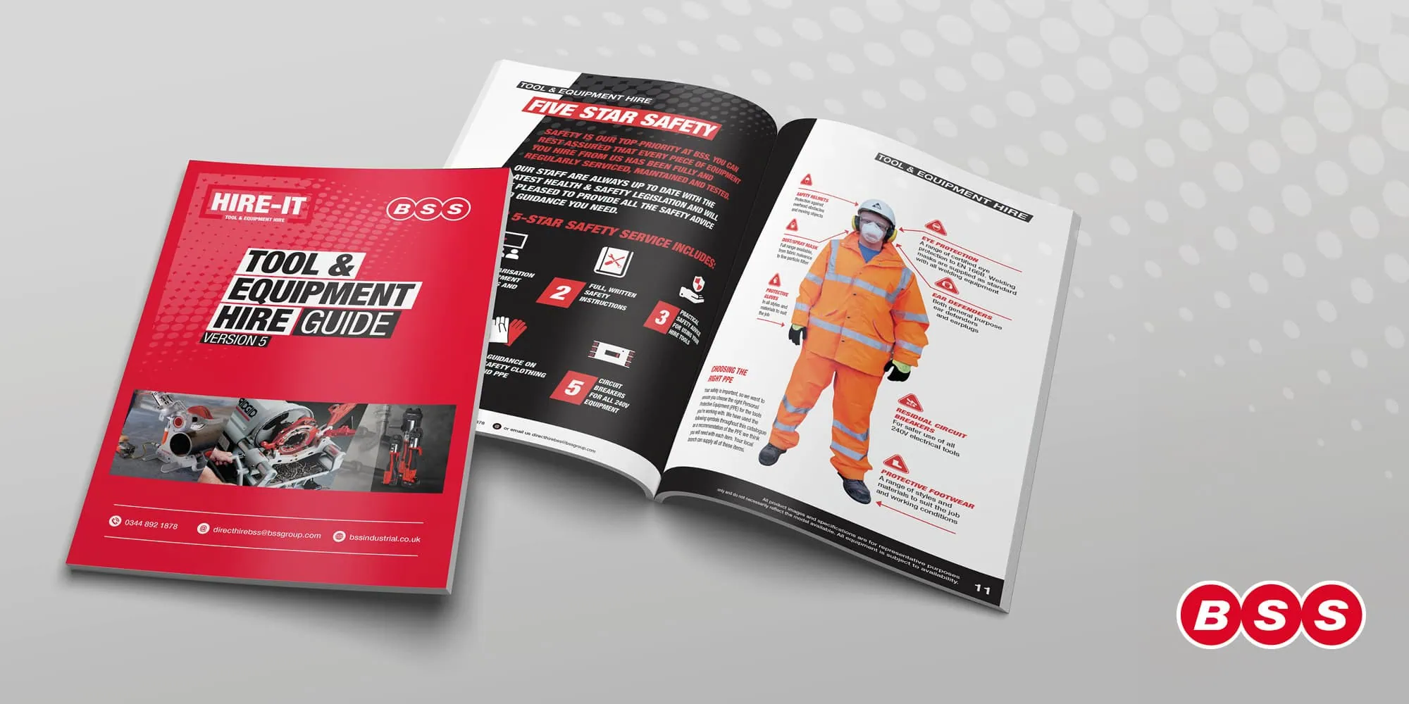 The image shows the cover and an open spread of the "Tool & Equipment Hire Guide" by BSS. The cover features bold red branding, while the spread highlights a safety guide and protective equipment details.