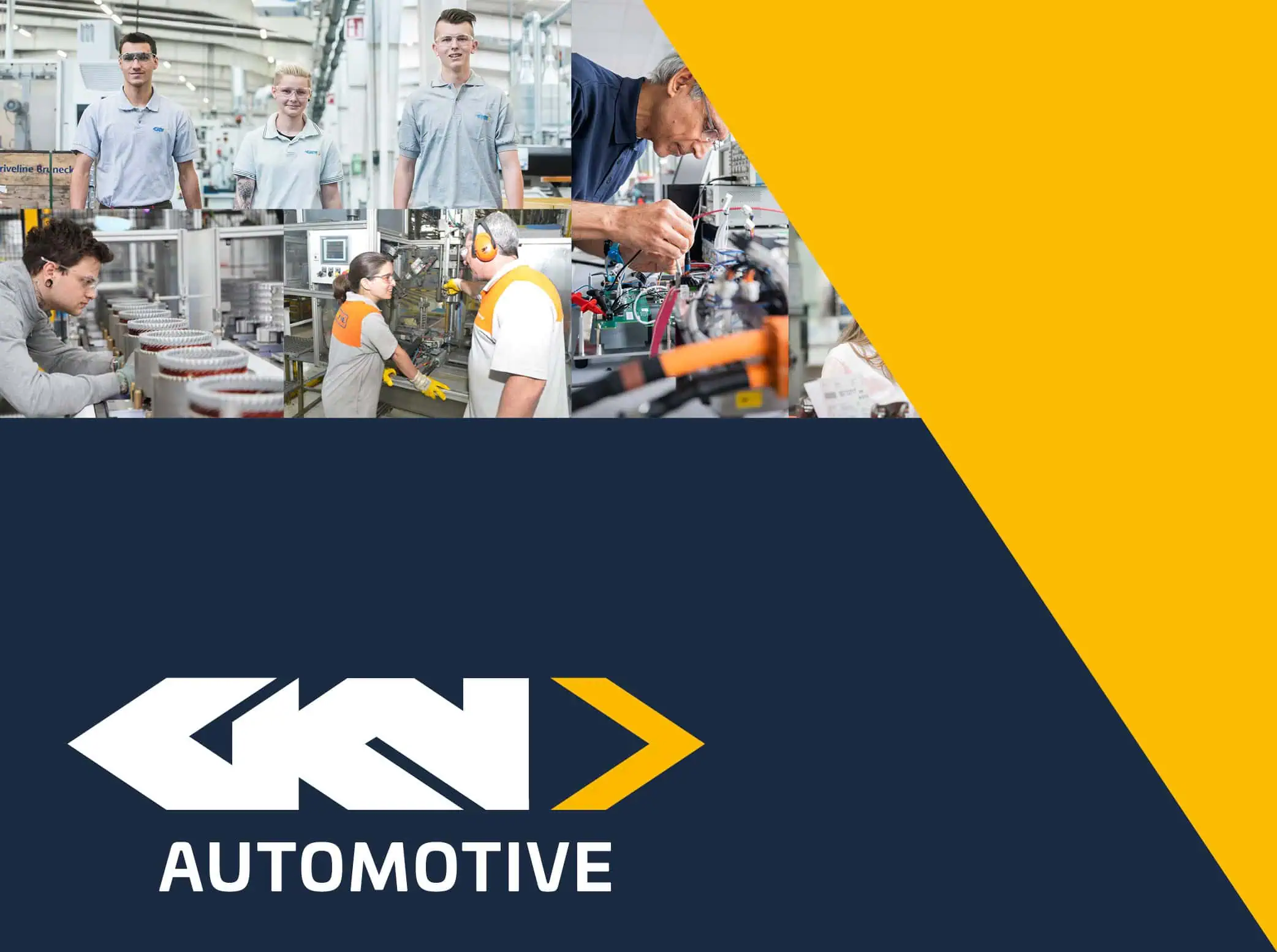 Thumbnail for GKN Automotive’s Sustainability Strategy E-Learning Tool. It features the GKN Automotive logo prominently in the lower left corner on a dark blue background accompanied by a bold yellow triangular shape to the right. The top part of the image displays a collage of photographs showing workers in a manufacturing environment, engaged in various tasks such as assembly and machine operation.