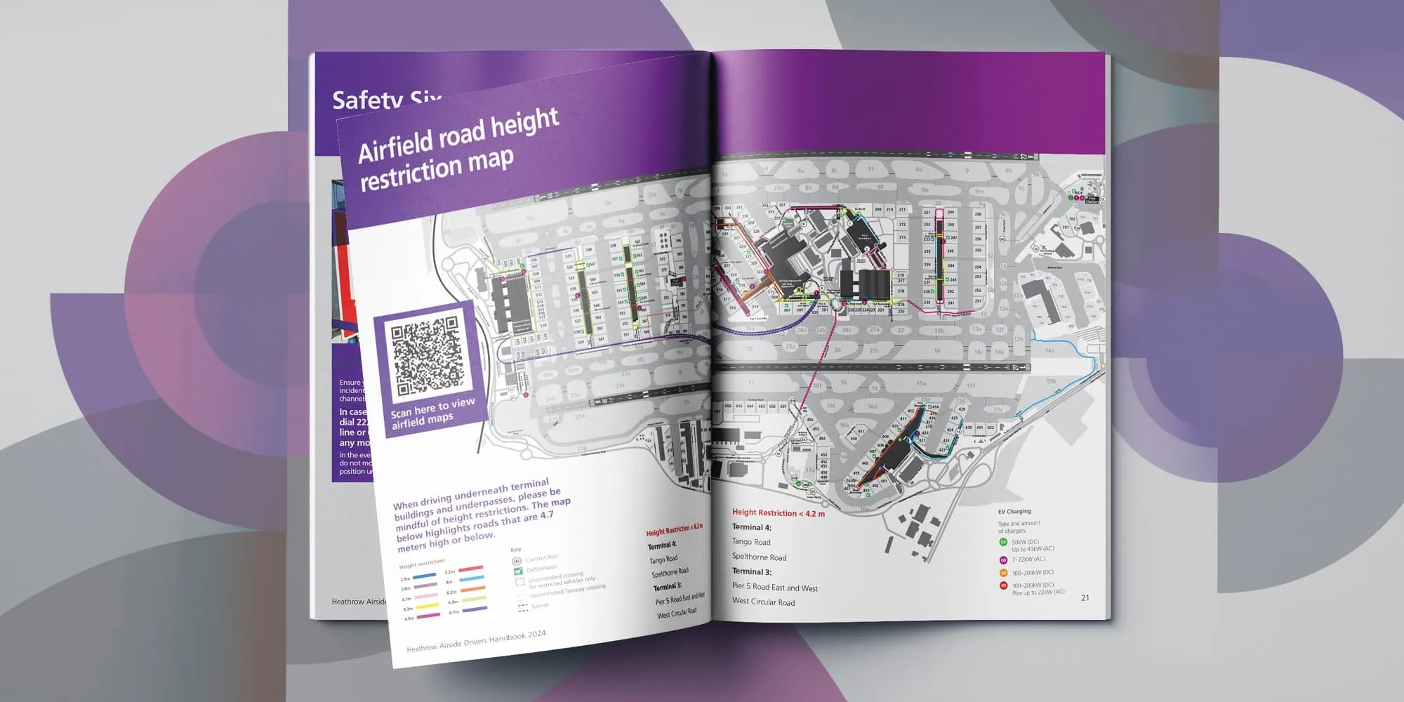 An open spread from the Heathrow Airside Drivers Handbook featuring a detailed "Airfield Road Height Restriction Map." The left page includes a QR code and key information, while the right page displays a colour-coded map of the airfield with road height restrictions clearly marked.