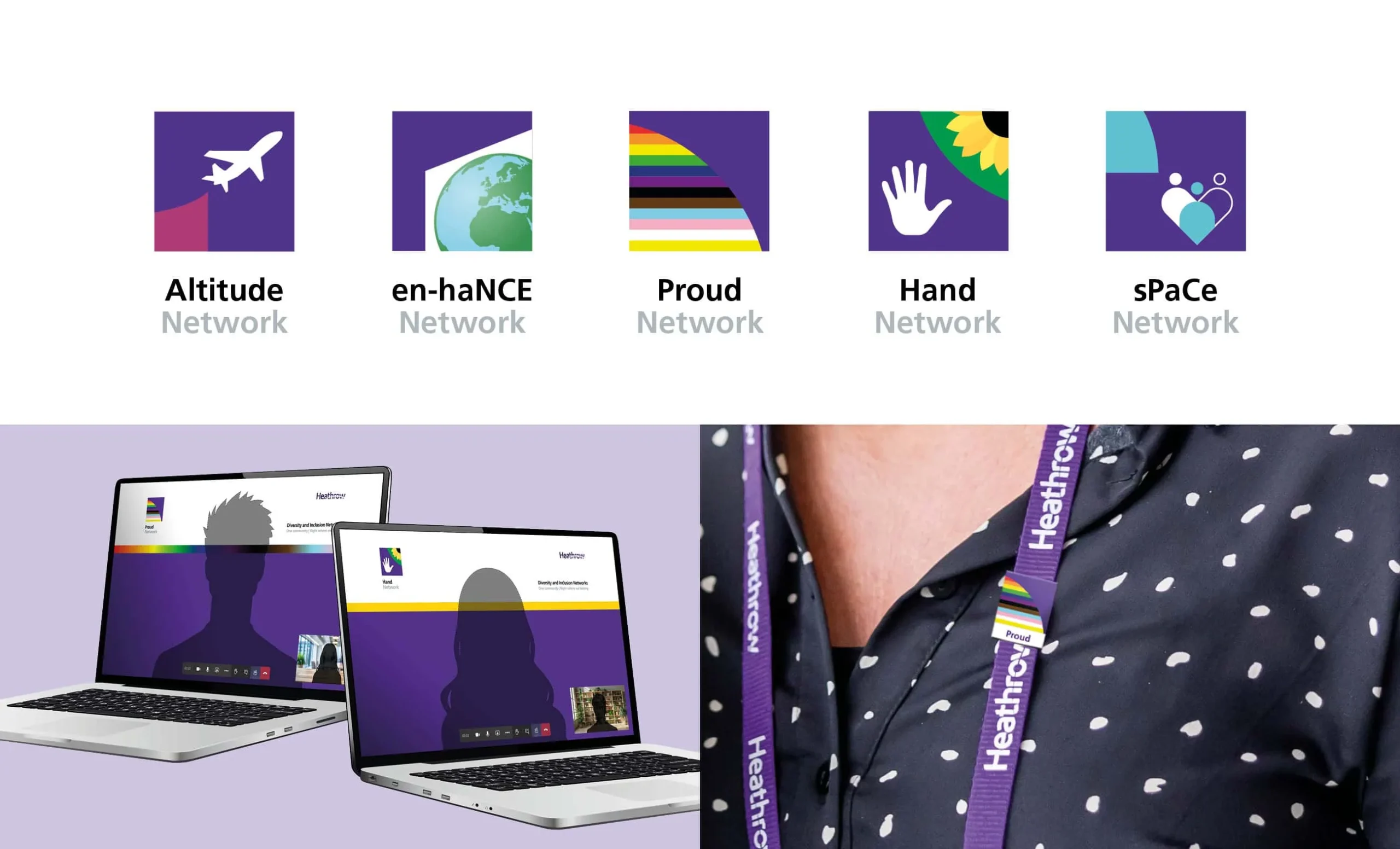 The image is split into 3 sections. Top: Five icons representing Heathrow's diversity and inclusion networks. Bottom left: Two laptops displaying video call interfaces with customised Heathrow diversity network backgrounds. Bottom right: Close-up of a person wearing a Heathrow lanyard featuring the colours of the diversity and inclusion networks.