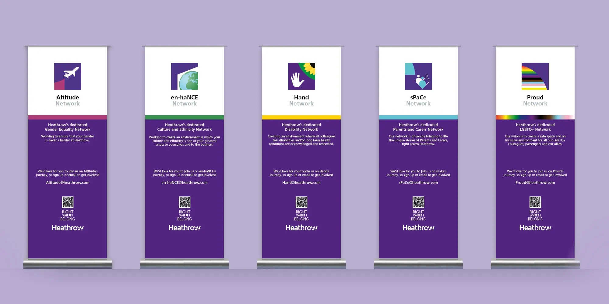 Five purple roll-up banners, each representing a Heathrow diversity and inclusion network. Each banner displays the network logo, a brief description of its purpose, and a QR code for further information, with the Heathrow logo at the bottom.