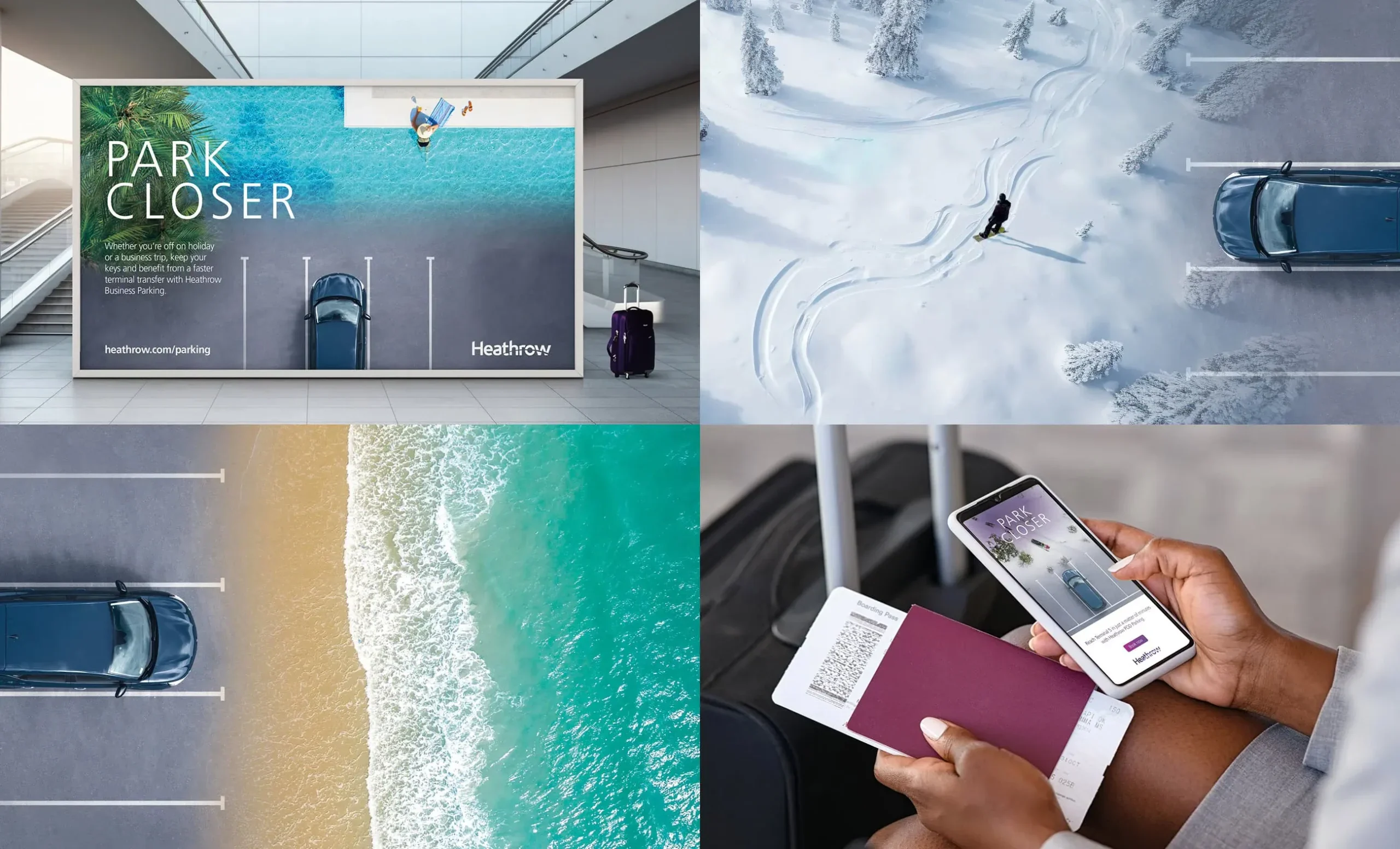 The image is split into 4 sections. Top left: A billboard advertisement featuring the "PARK CLOSER" campaign with an image of a car parked on a surface blending into a beach, located in an airport terminal. Top right: An overhead view of a snowy scene with a car parked next to a ski slope, showcasing a winter travel setting. Bottom left: An aerial shot of a car parked on a surface resembling a sandy beach meeting turquoise ocean waves. Bottom right: A close-up of hands holding a passport and a boarding pass while using a phone for a digital check-in.