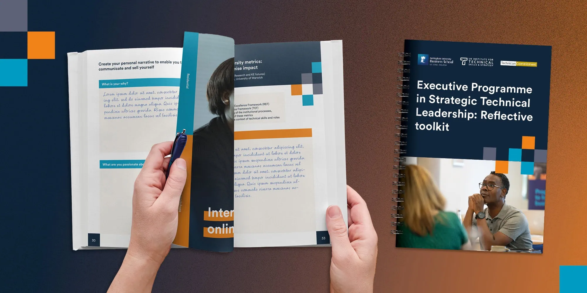 A graphic for Executive Programme in Strategic Technical Leadership: Reflective Toolkit showing an open spread that highlights an interactive note-taking section, while the front cover features a contemplative individual.