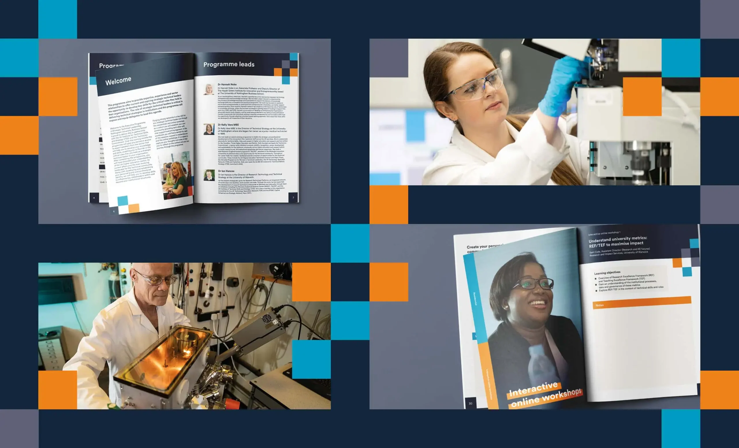 A set of four images showcasing the leadership programme materials and participants in action. The top left and bottom right highlight the toolkit's design, featuring welcome content and interactive workshop details. The other two images display participants working with advanced equipment, reflecting the programme's technical focus.